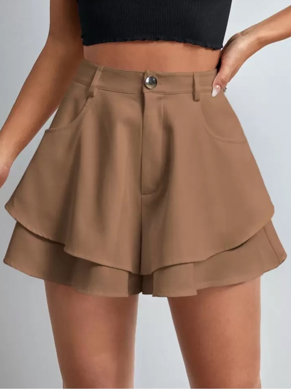 High-Waist Khaki Layered Ruffle Women's Shorts